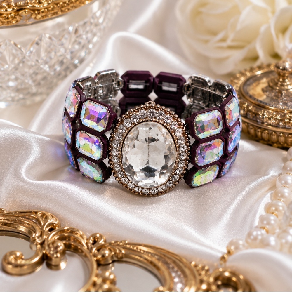 RUBYRUDI Handcrafted Artisan Iridescent AB Crystal Bracelet Cuff OOAK Up Cycled